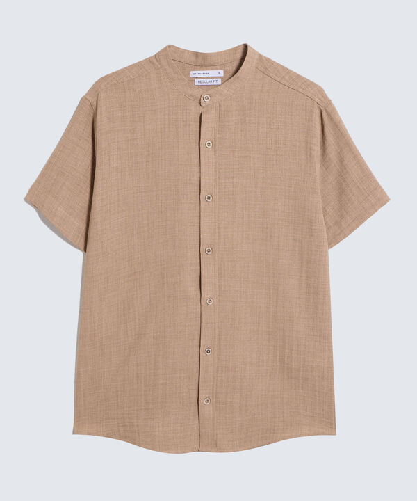 Camisa Cuello Mao en Efecto Rústico, Camel, hi-res