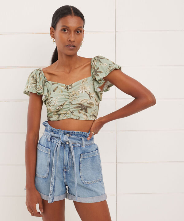 Camiseta Para Mujer Tipo Crop Manga Corta Con Recogido En Frente, VerdeClaro, hi-res