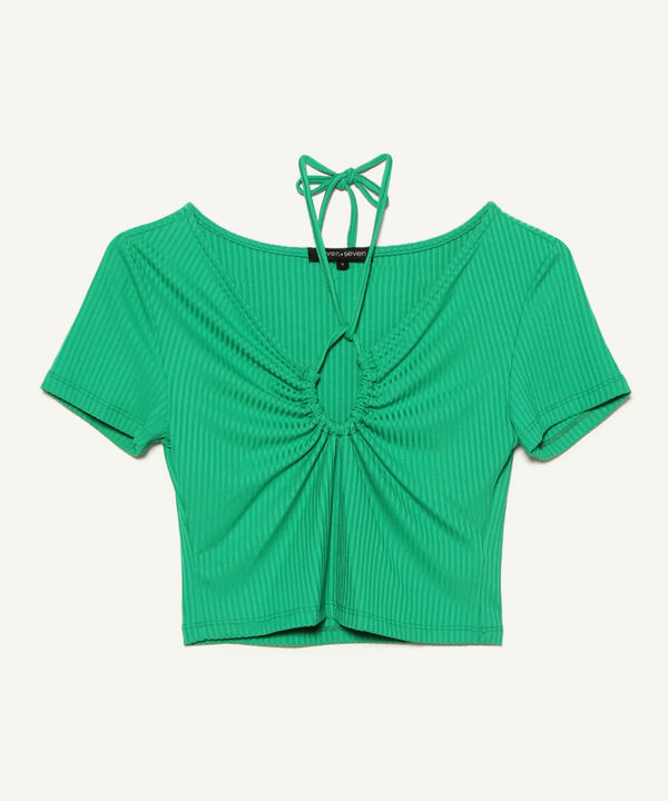 Camiseta Escotada En V Con Cut Out, Verde, hi-res