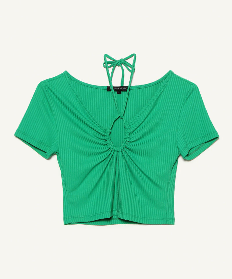 Camiseta Escotada En V Con Cut Out, Verde, hi-res