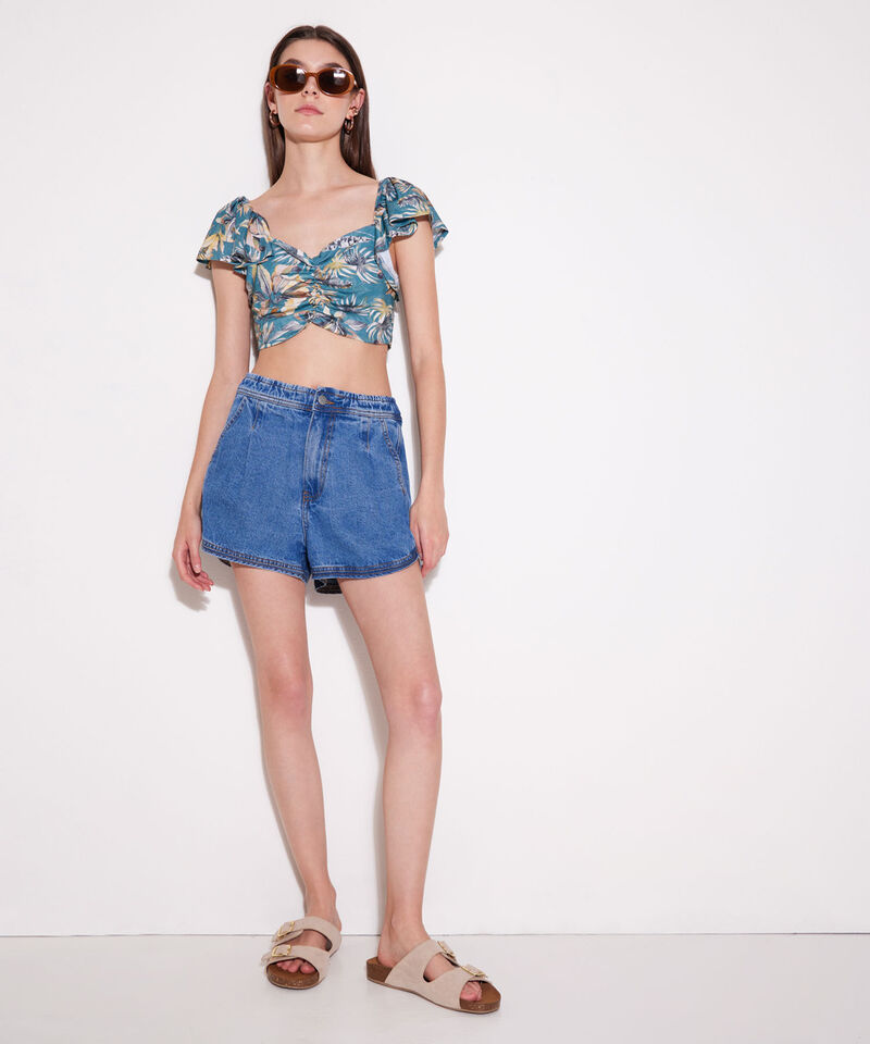 Camiseta Para Mujer Tipo Crop Manga Corta Con Recogido En Frente, AzulOscuro, hi-res