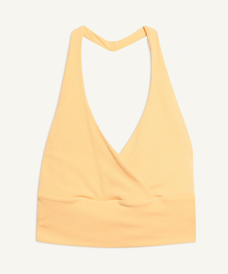 Crop De Rayas Con Cuello Halter En Rib Para Mujer, Amarillo, hi-res