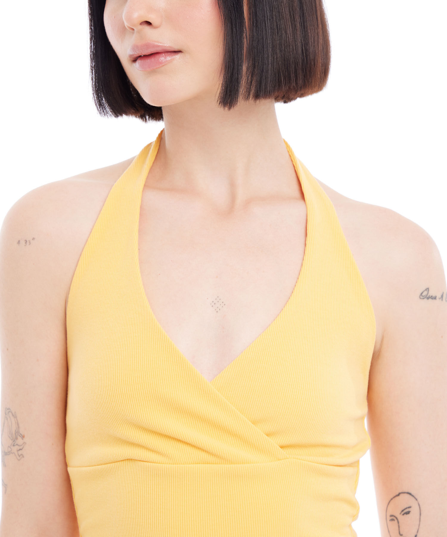 Crop De Rayas Con Cuello Halter En Rib Para Mujer, Amarillo, hi-res