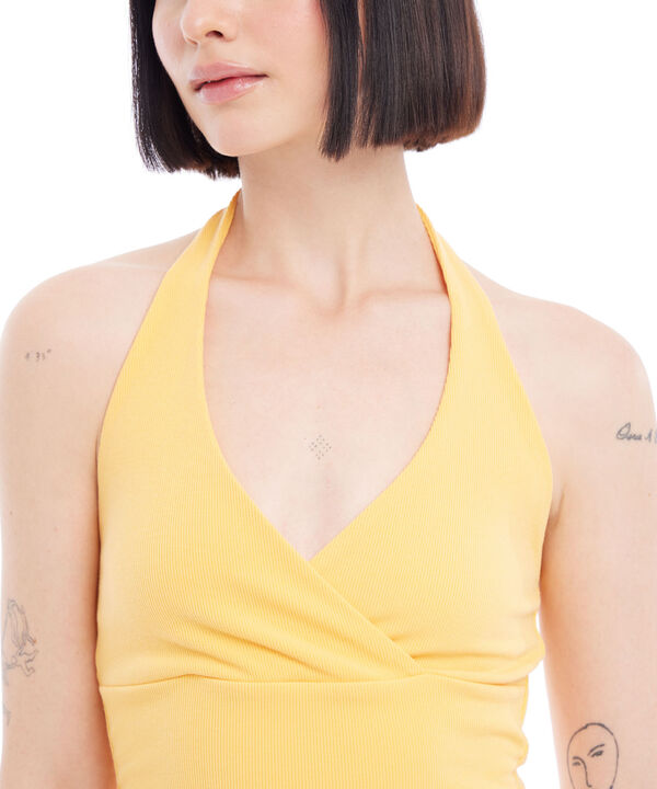Crop De Rayas Con Cuello Halter En Rib Para Mujer, Amarillo, hi-res
