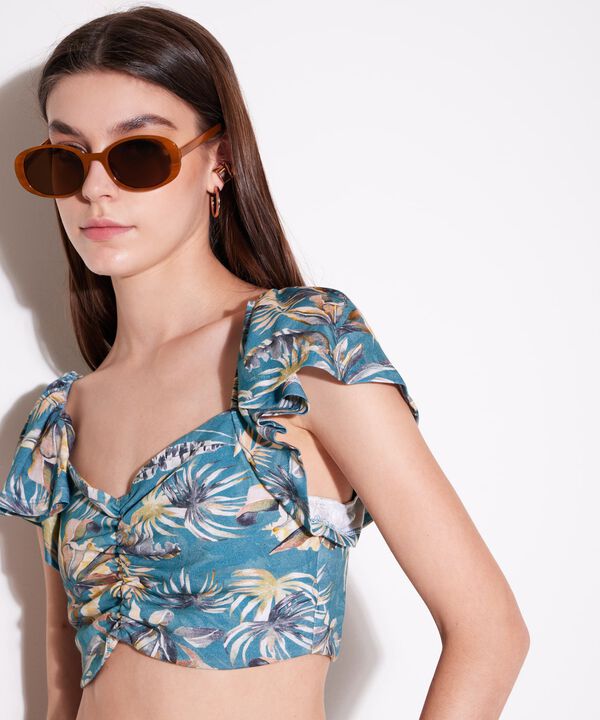Camiseta Para Mujer Tipo Crop Manga Corta Con Recogido En Frente, AzulOscuro, hi-res