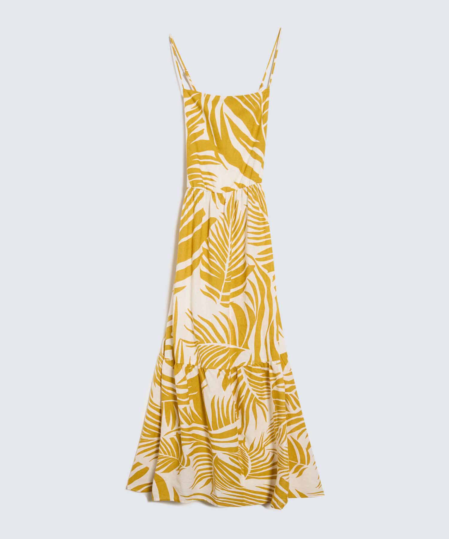 Vestido Estampado de Hojas, Amarillo, hi-res