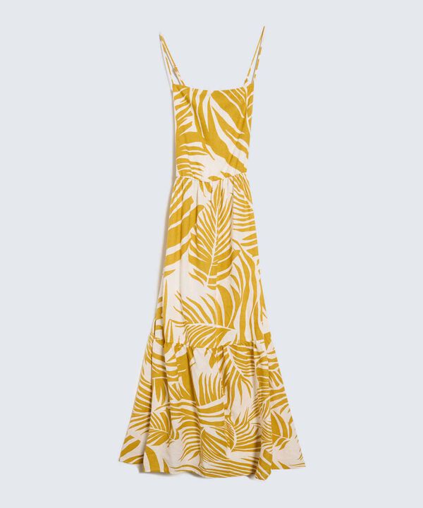 Vestido Estampado de Hojas, Amarillo, hi-res
