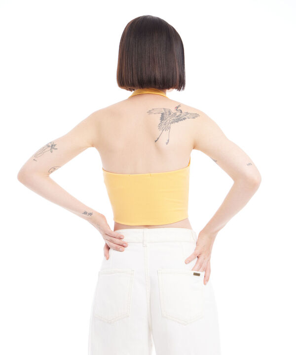Crop De Rayas Con Cuello Halter En Rib Para Mujer, Amarillo, hi-res