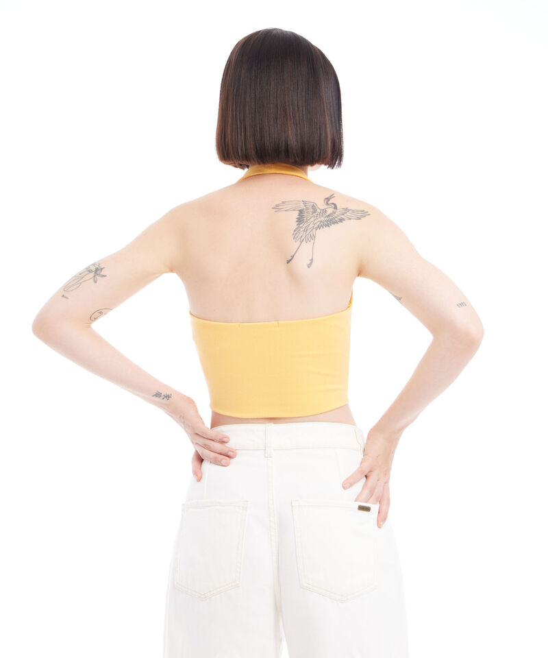 Crop De Rayas Con Cuello Halter En Rib Para Mujer, Amarillo, hi-res
