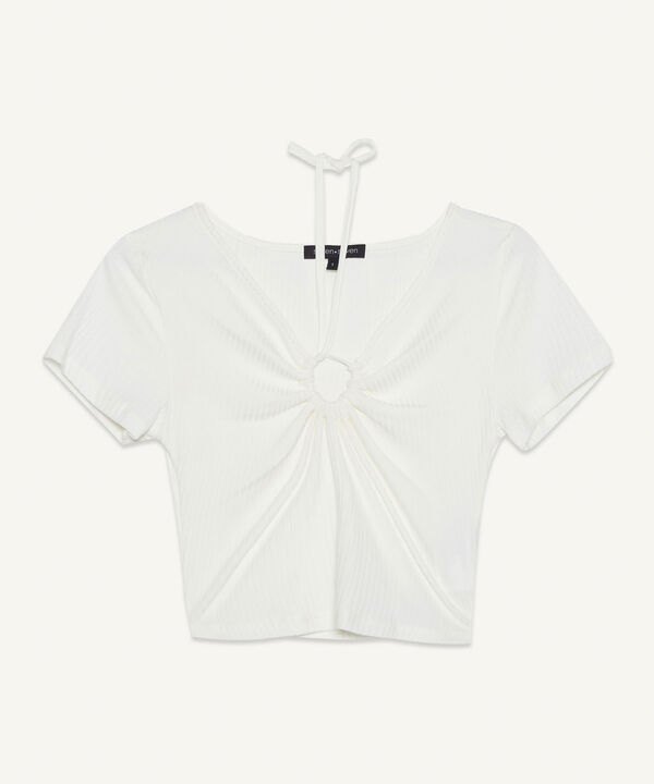 Camiseta Escotada En V Con Cut Out, Crudo, hi-res