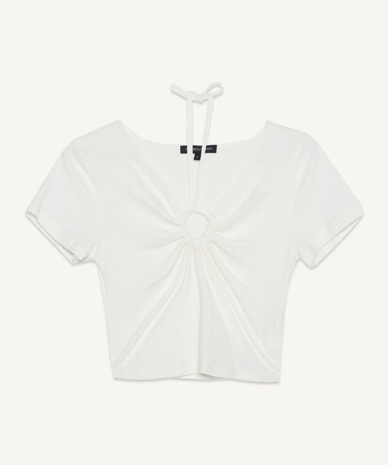 Camiseta Escotada En V Con Cut Out, Crudo, hi-res