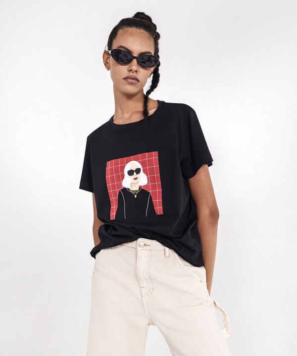 Camiseta Con Estampado Efecto Gamuzado Y Bordado By María José Guzmán, Negro, hi-res
