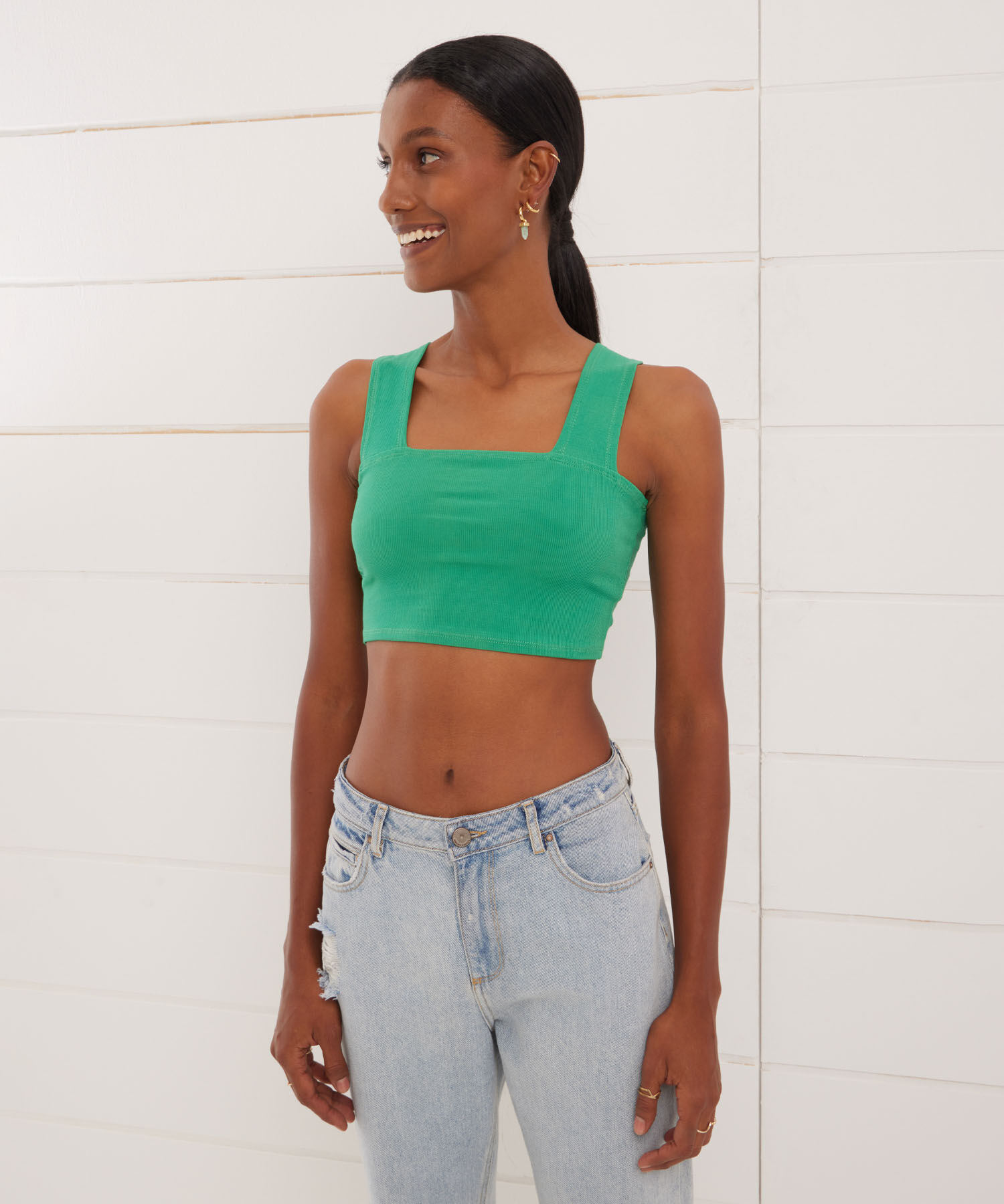 Camiseta Para Mujer Tipo Crop De Tiras Anchas, Verde, hi-res