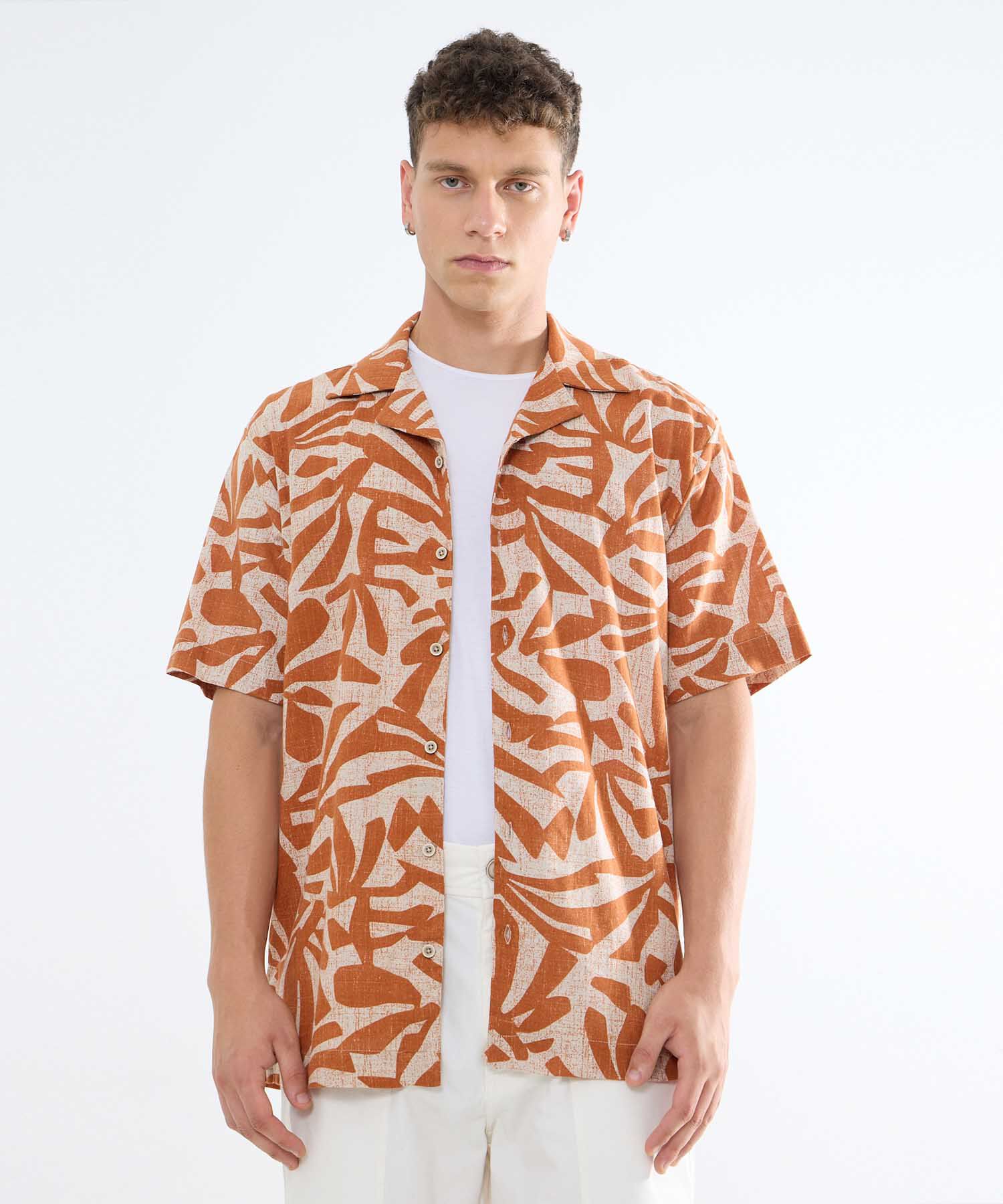 Camisa Resort Estampada, Naranja, hi-res