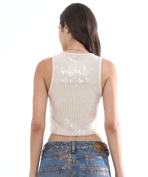 Crop Top Cuello Halter con Lentejuelas, Beige, hi-res