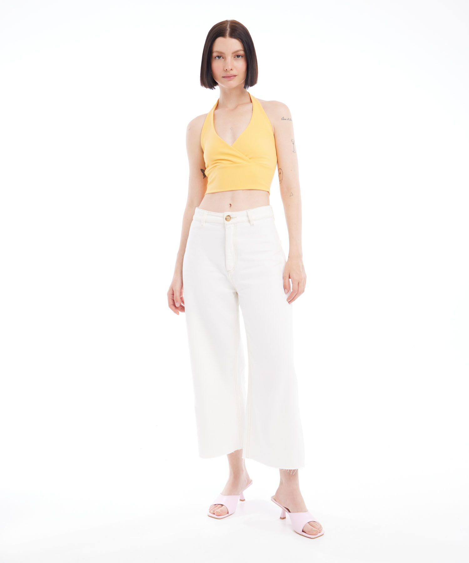 Crop De Rayas Con Cuello Halter En Rib Para Mujer, Amarillo, hi-res