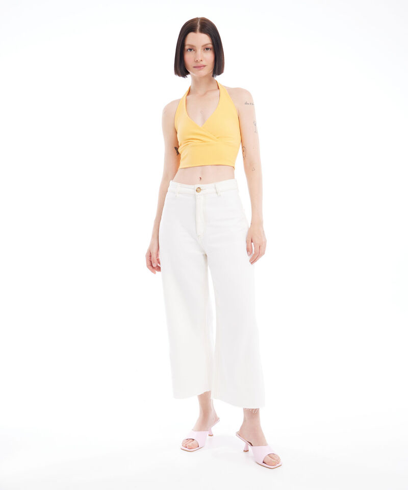Crop De Rayas Con Cuello Halter En Rib Para Mujer, Amarillo, hi-res