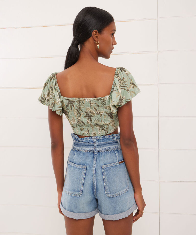 Camiseta Para Mujer Tipo Crop Manga Corta Con Recogido En Frente, VerdeClaro, hi-res