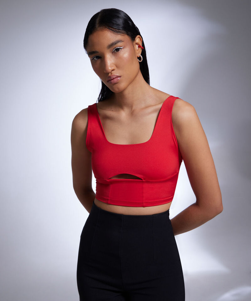 Camiseta Para Mujer Tipo Crop Manga Sisa Con Cut Out, Rojo, hi-res