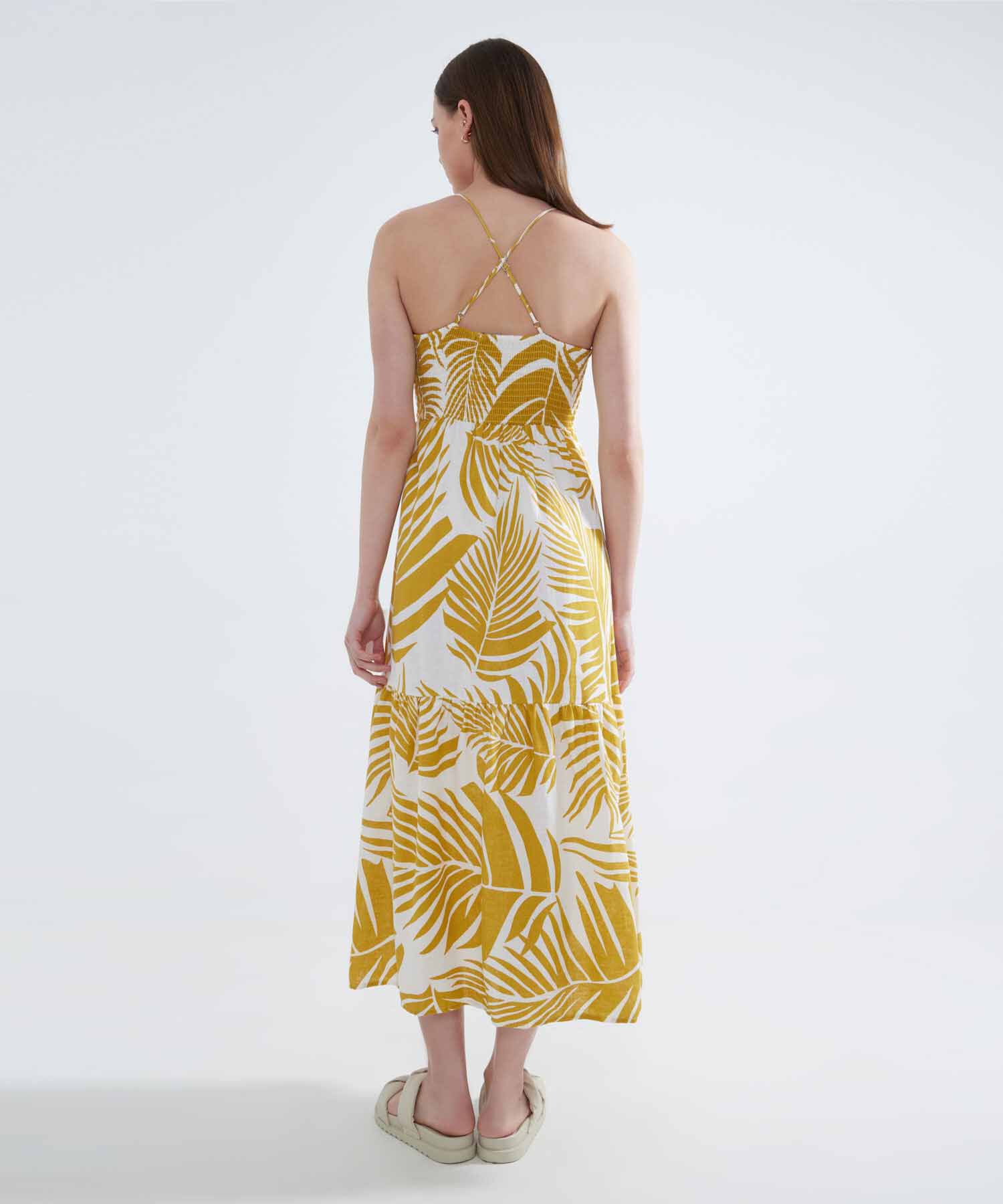 Vestido Estampado de Hojas, Amarillo, hi-res