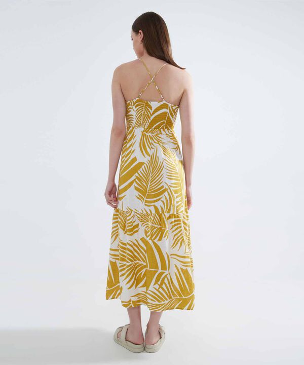 Vestido Estampado de Hojas, Amarillo, hi-res