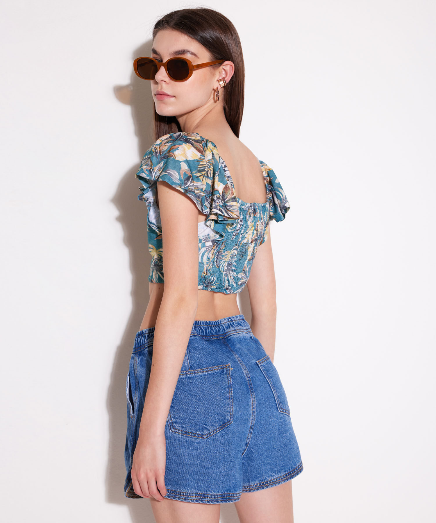 Camiseta Para Mujer Tipo Crop Manga Corta Con Recogido En Frente, AzulOscuro, hi-res