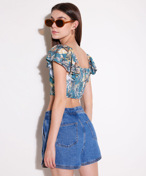Camiseta Para Mujer Tipo Crop Manga Corta Con Recogido En Frente, AzulOscuro, hi-res