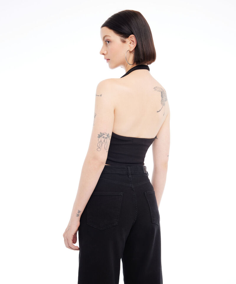 Crop De Rayas Con Cuello Halter En Rib Para Mujer, Negro, hi-res