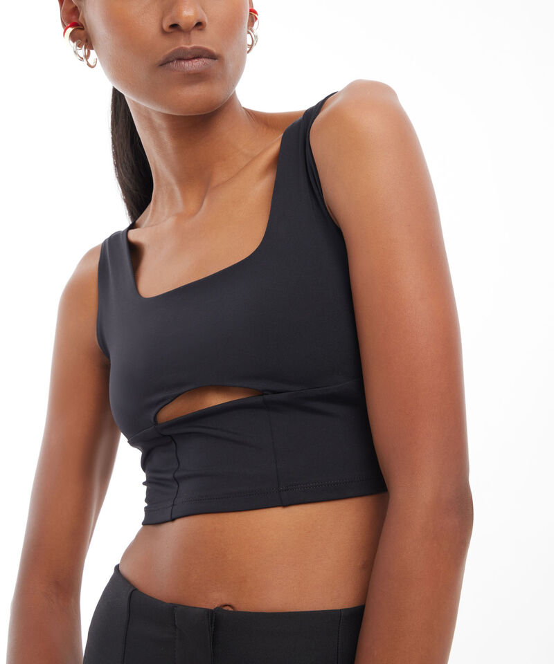 Camiseta Para Mujer Tipo Crop Manga Sisa Con Cut Out, Negro, hi-res