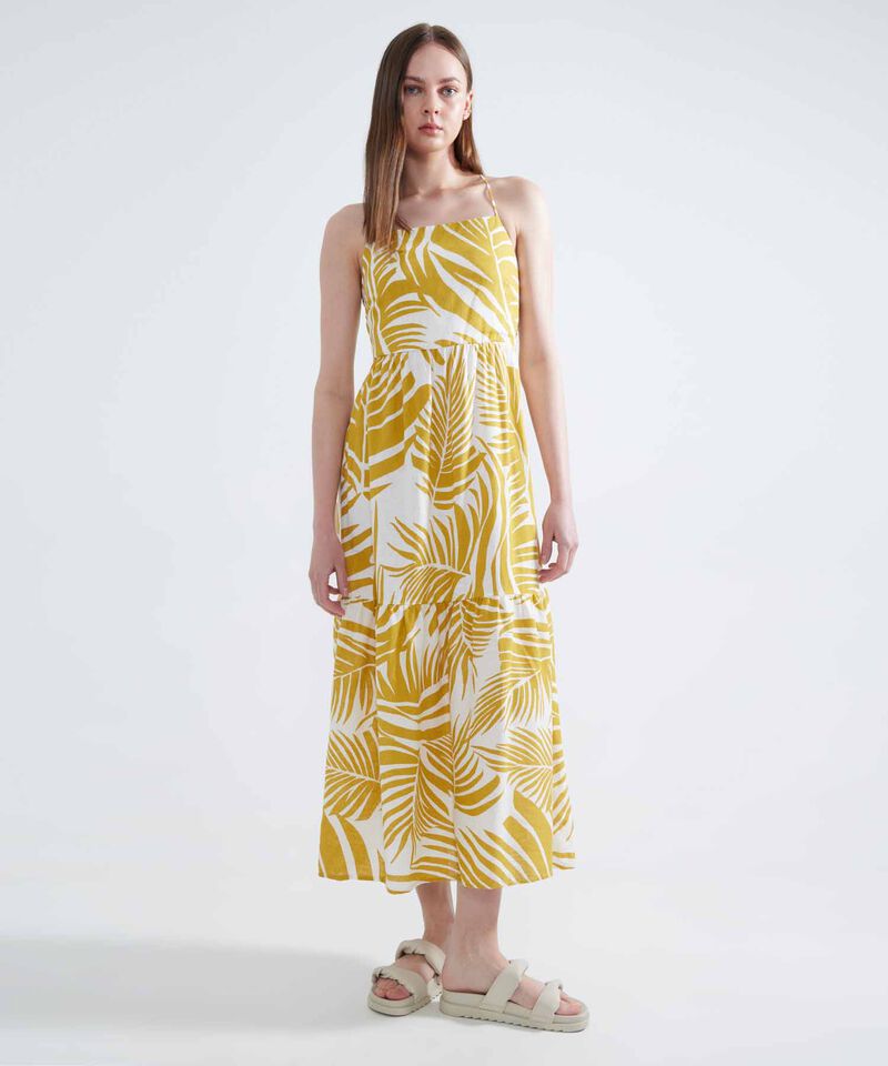 Vestido Estampado de Hojas, Amarillo, hi-res
