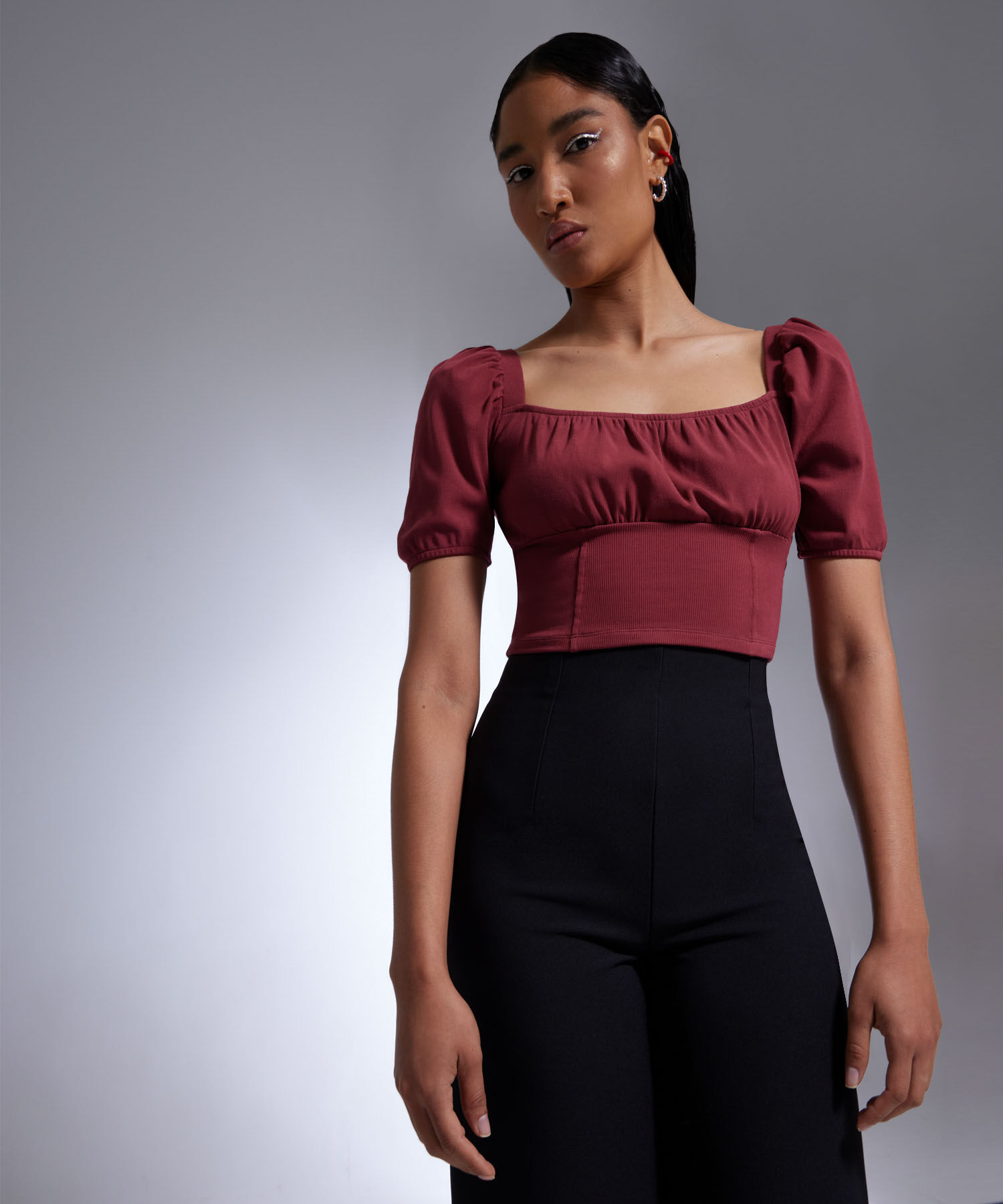 Camiseta Para Mujer Con Manga Abullonada, Vino, hi-res