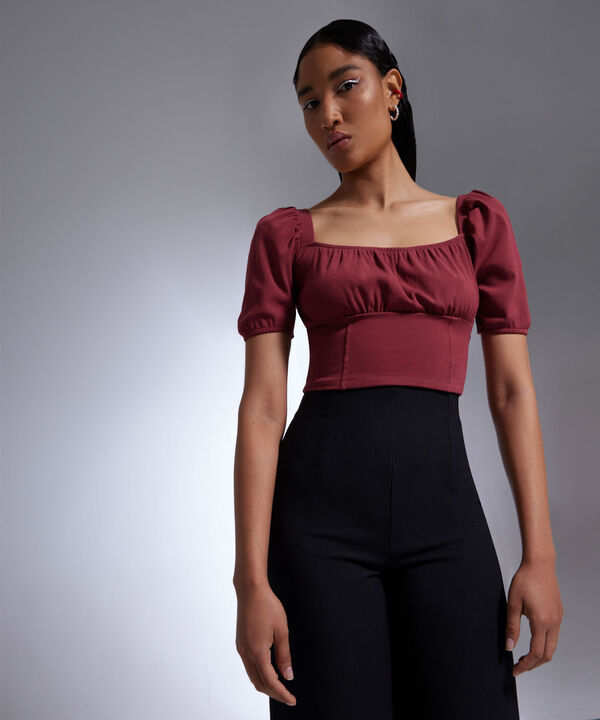 Camiseta Para Mujer Con Manga Abullonada, Vino, hi-res