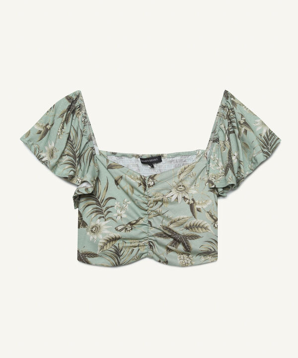 Camiseta Para Mujer Tipo Crop Manga Corta Con Recogido En Frente, VerdeClaro, hi-res