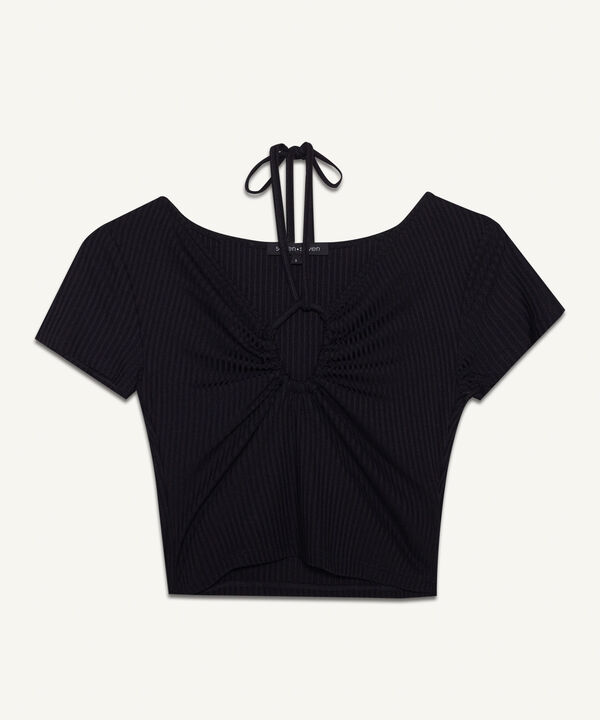 Camiseta Escotada En V Con Cut Out, Negro, hi-res