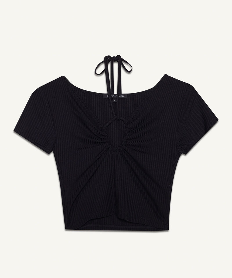 Camiseta Escotada En V Con Cut Out, Negro, hi-res
