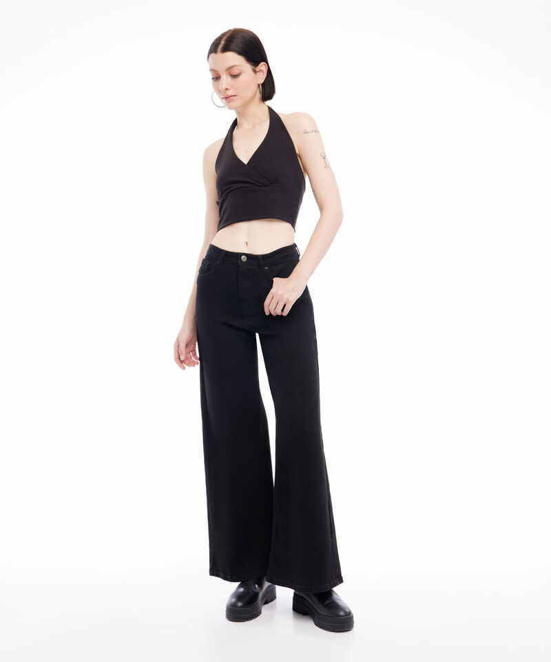 Crop De Rayas Con Cuello Halter En Rib Para Mujer, Negro, hi-res