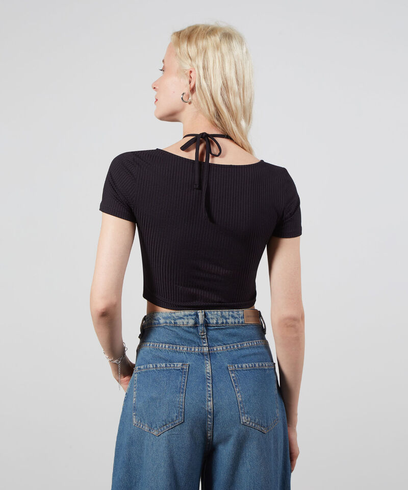 Camiseta Escotada En V Con Cut Out, Negro, hi-res