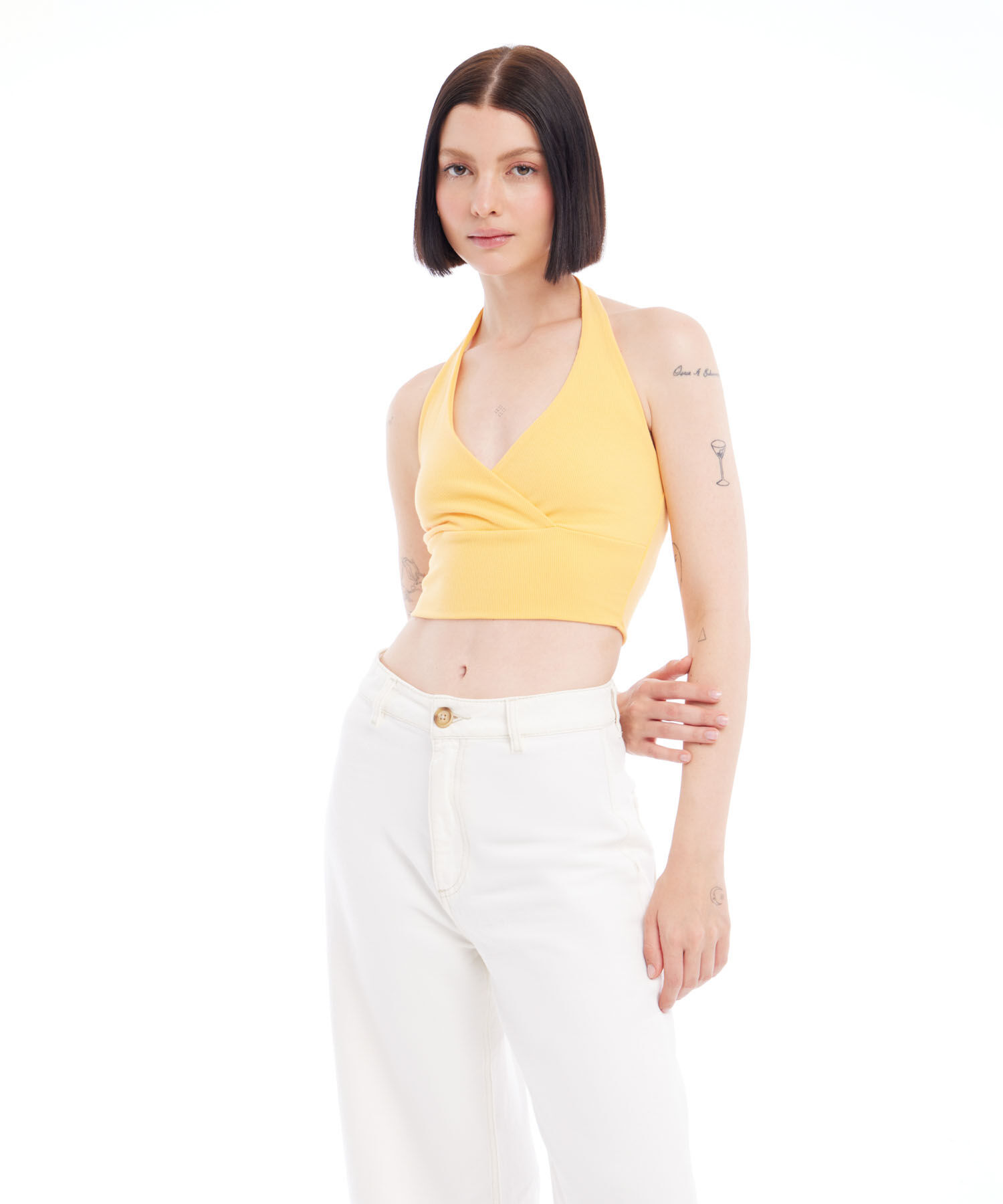 Crop De Rayas Con Cuello Halter En Rib Para Mujer, Amarillo, hi-res
