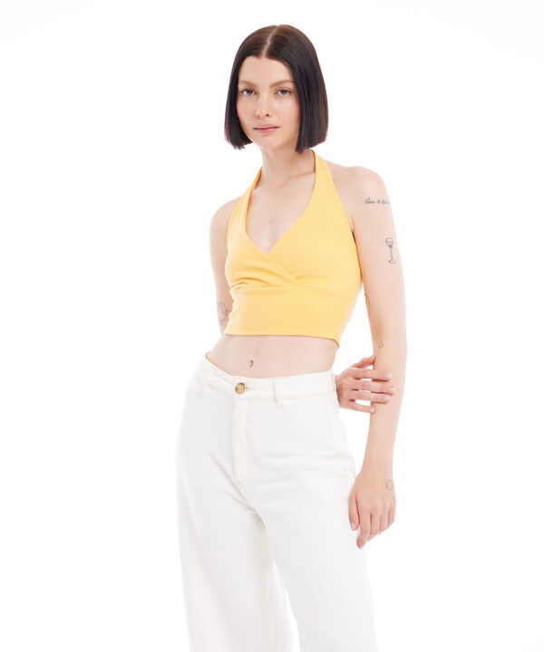 Crop De Rayas Con Cuello Halter En Rib Para Mujer, Amarillo, hi-res image number null
