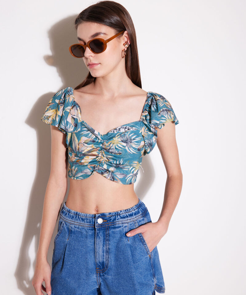 Camiseta Para Mujer Tipo Crop Manga Corta Con Recogido En Frente, AzulOscuro, hi-res