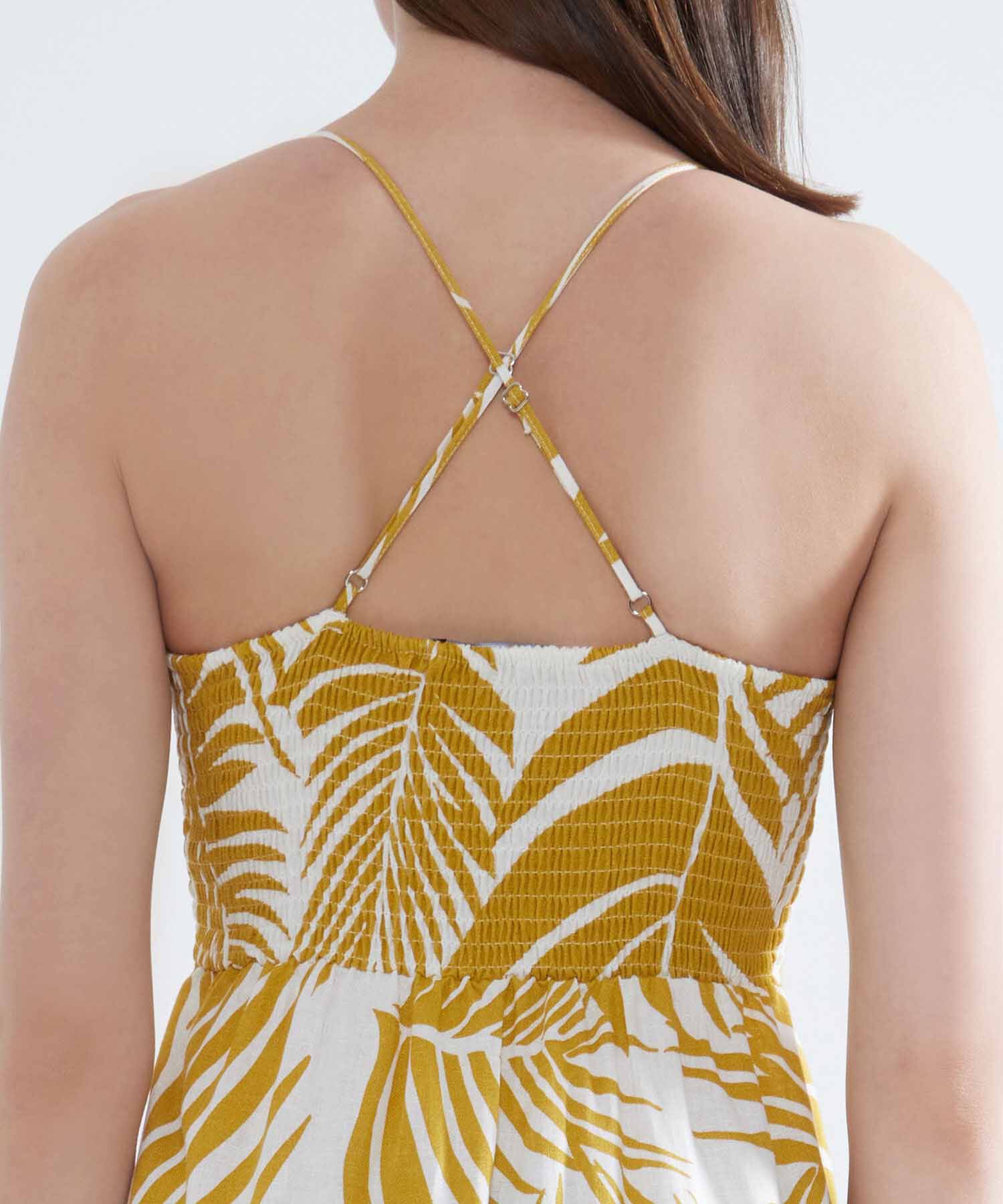 Vestido Estampado de Hojas, Amarillo, hi-res