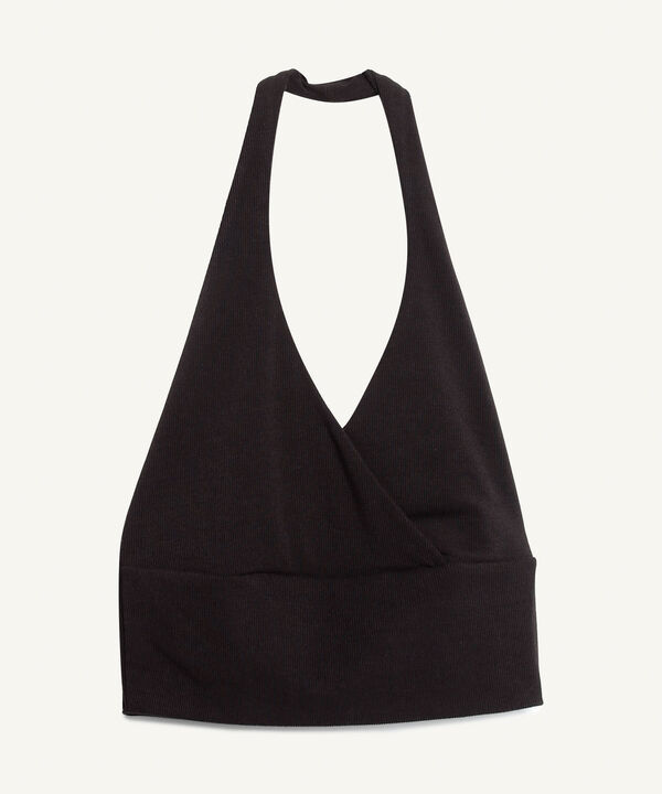 Crop De Rayas Con Cuello Halter En Rib Para Mujer, Negro, hi-res