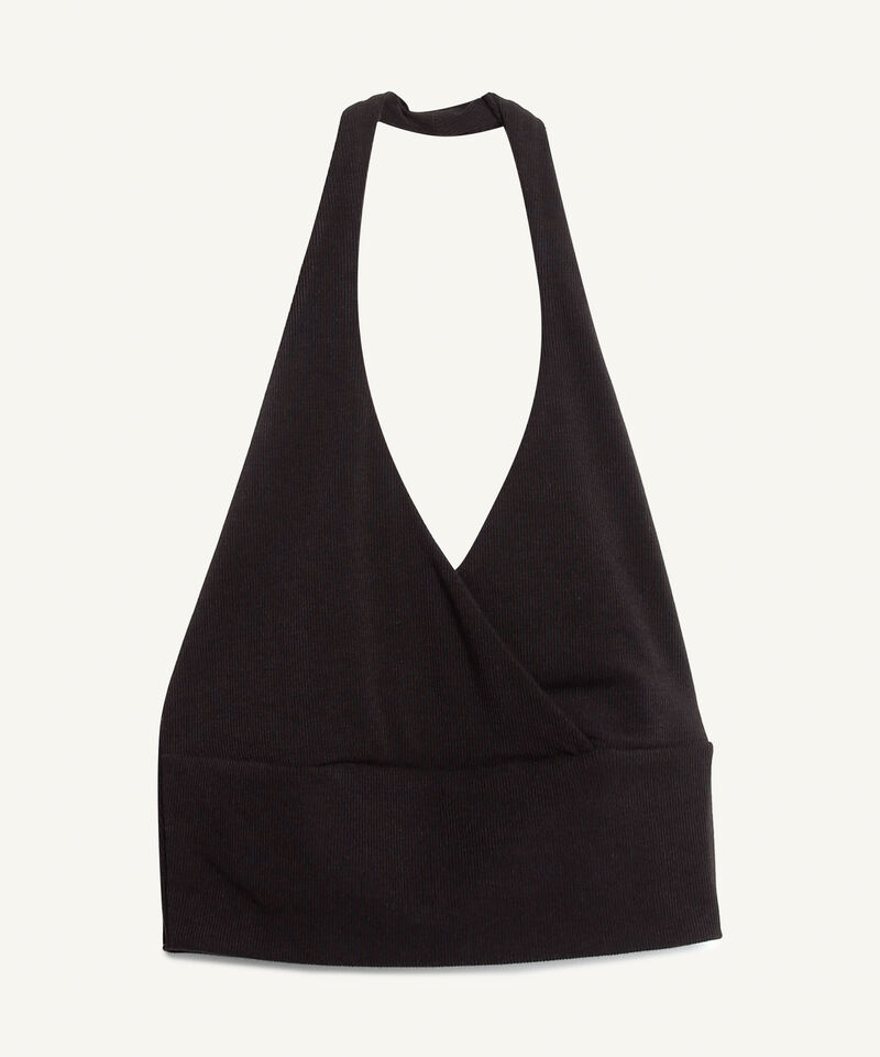 Crop De Rayas Con Cuello Halter En Rib Para Mujer, Negro, hi-res