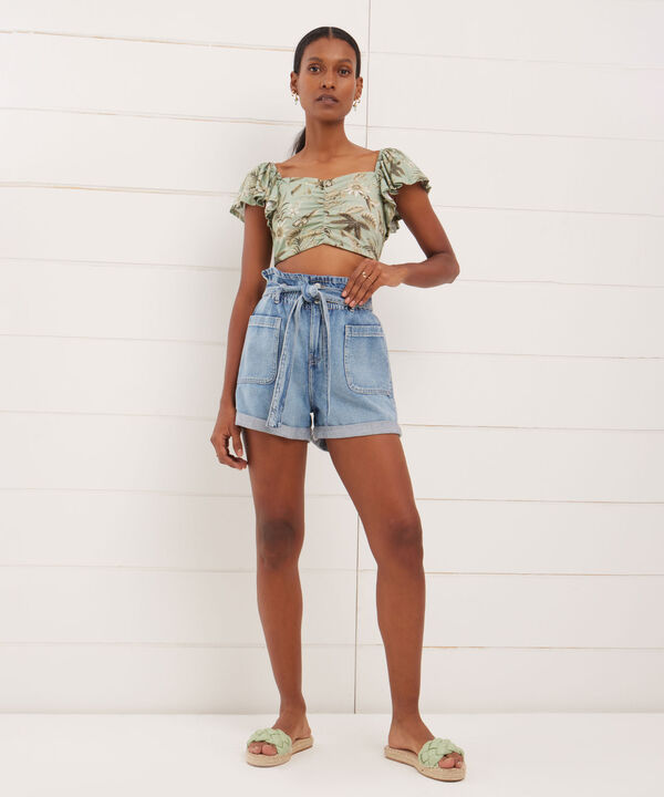Camiseta Para Mujer Tipo Crop Manga Corta Con Recogido En Frente, VerdeClaro, hi-res