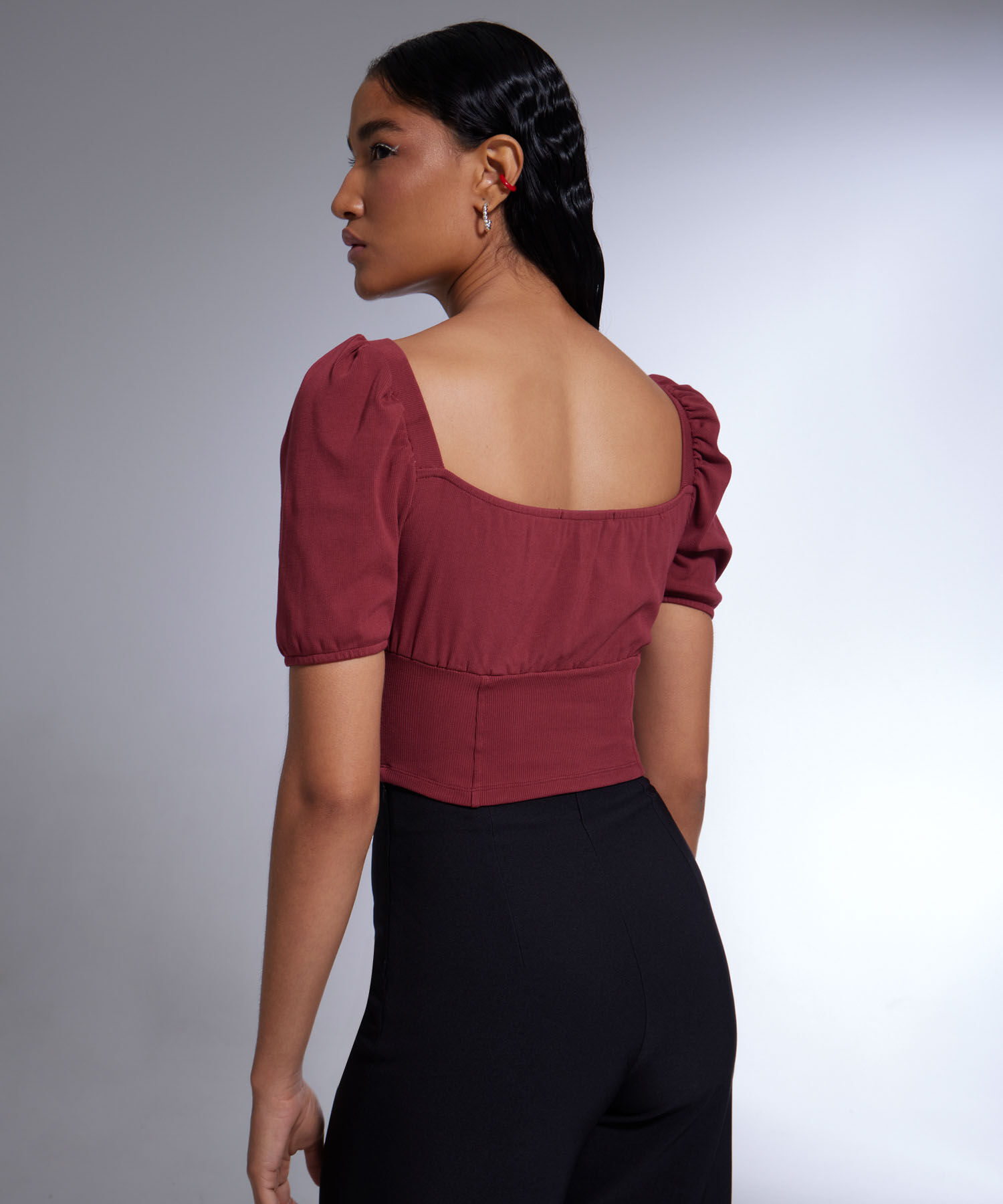 Camiseta Para Mujer Con Manga Abullonada, Vino, hi-res