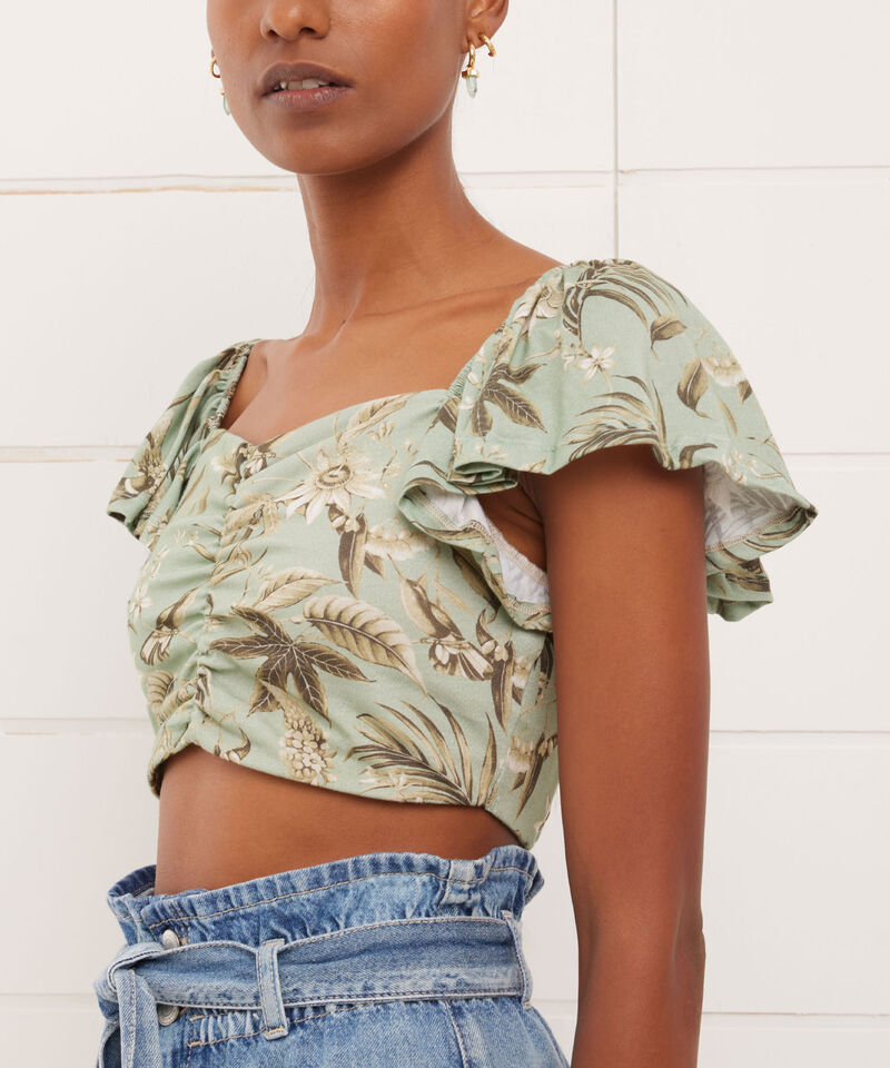 Camiseta Para Mujer Tipo Crop Manga Corta Con Recogido En Frente, VerdeClaro, hi-res